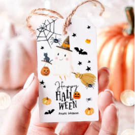 Gelukkig Halloween Geest Bezem Spin Pompoen Vleerm Cadeaulabel