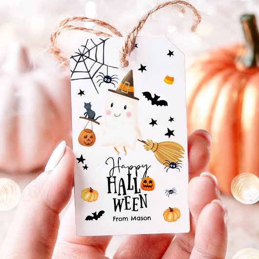 Gelukkig Halloween Geest Bezem Spin Pompoen Vleerm Cadeaulabel