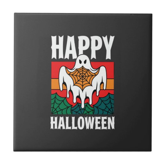 Gelukkig Halloween Geest Spinnenweb Retro Tegeltje (Voorkant)
