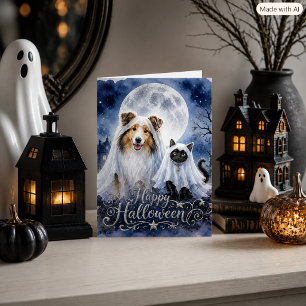 Gelukkig Halloween Geesten Collie & Kat Vouwkaart Kaart