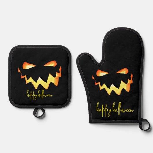 Gelukkig Halloween gloeiend Jack-o-lantaarn gezich Ovenwant & Pannenlap Set (Voorkant)