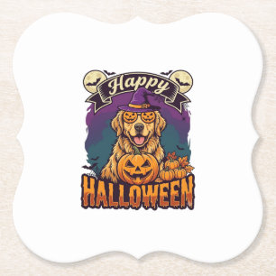 Gelukkig Halloween Golden Retriever Heksenhoed Pom Kartonnen Onderzetters