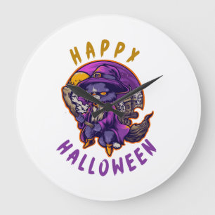 Gelukkig Halloween Halloween Heks Kat Grote Klok