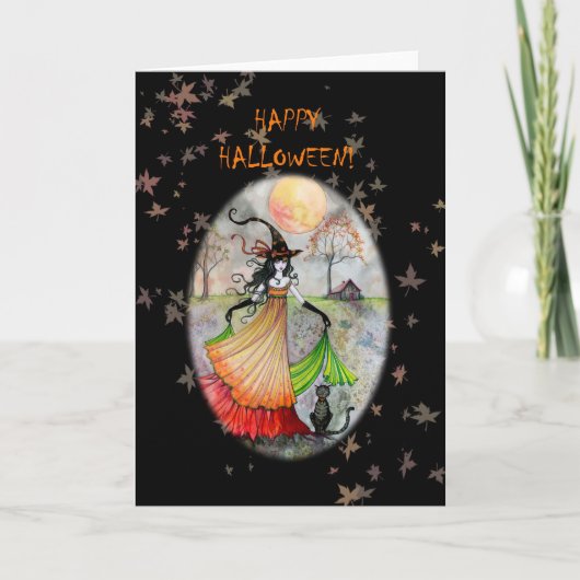 Gelukkig Halloween Heks Kat Kaart (Voorkant)