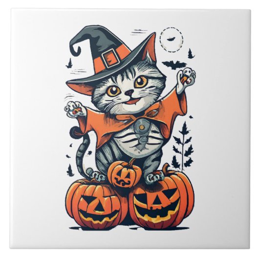 Gelukkig Halloween Heks Kat Tegeltje (Voorkant)