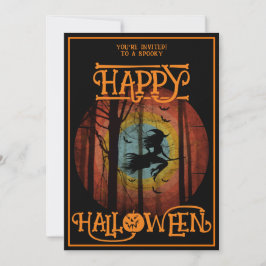 Gelukkig Halloween Heks Op Bezem Kostuum Feest Kaart