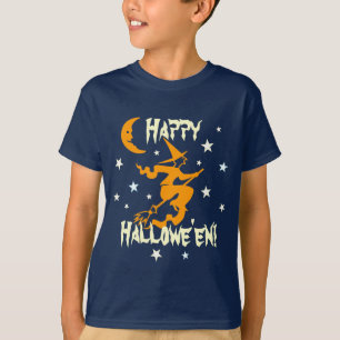Gelukkig Halloween Heks op Bezem Oranje Maan T-shirt