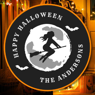 Gelukkig Halloween Heks Rijdend op Bezem Eigen Naa Ronde Sticker