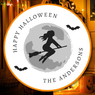 Gelukkig Halloween Heks Rijdend op Bezem Eigen Tek Ronde Sticker