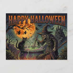 Gelukkig Halloween Heks Zwarte Kat Volle Maan Retr Briefkaart