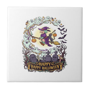 Gelukkig Halloween Heksenbezem Zwart Kat Geesten_1 Tegeltje