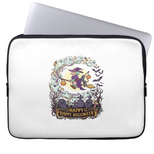 Gelukkig Halloween Heksenbezem Zwarte Kat Geesten_ Laptop Sleeve