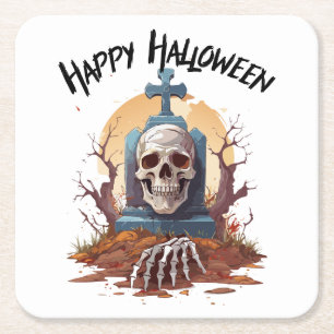 Gelukkig Halloween Hoofd Steen En Skelet Kartonnen Onderzetters