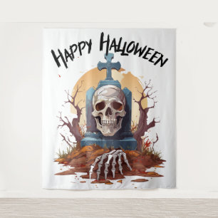 Gelukkig Halloween Hoofd Steen En Skelet Wandkleed