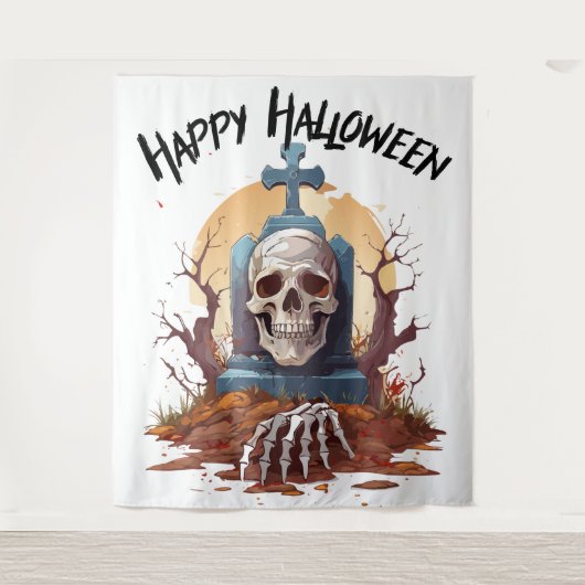 Gelukkig Halloween Hoofd Steen En Skelet Wandkleed (Voorkant)