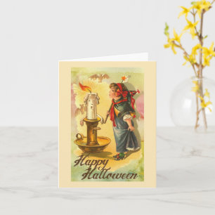 Gelukkig Halloween Kandelaar en Meisje Vintage Kaart