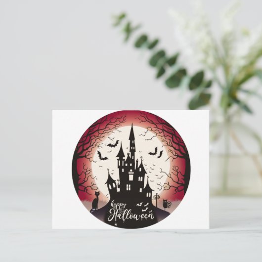 Gelukkig Halloween Kasteel Vleermuizen Zwart Kat H Feestdagenkaart (Staand voorkant)