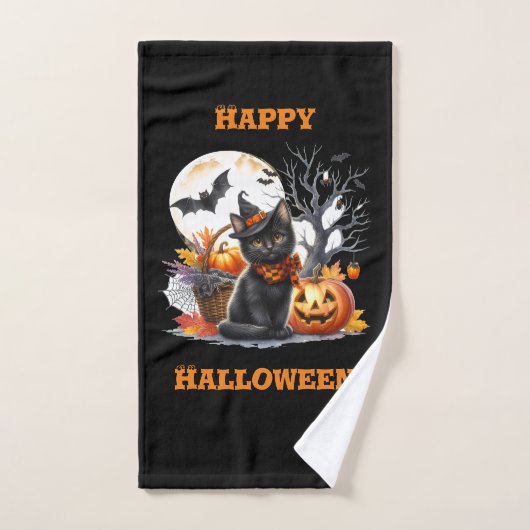 Gelukkig Halloween Kat en Jack O Lantern Handdoek (Handdoek)
