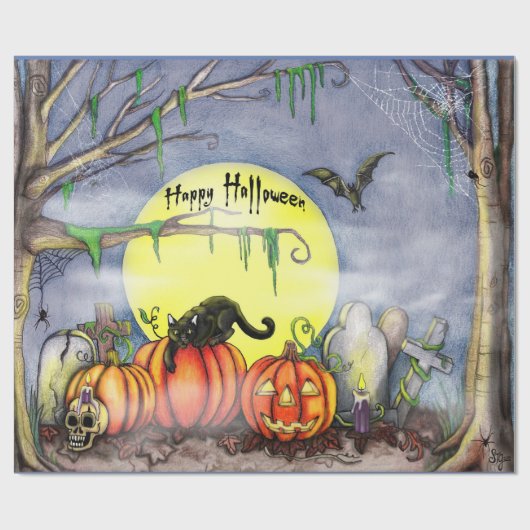 Gelukkig Halloween Kerkhof Scene Inpakpapier (Vlak)
