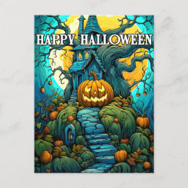 Gelukkig Halloween Moon-verlicht Haunted House Briefkaart