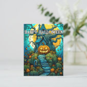 Gelukkig Halloween Moon-verlicht Haunted House Briefkaart (Staand voorkant)