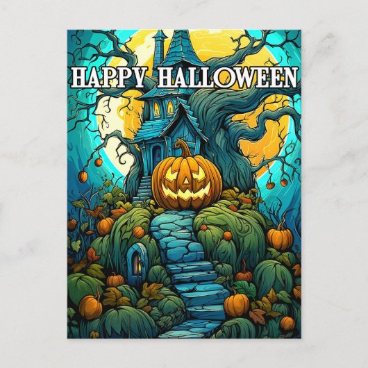 Gelukkig Halloween Moon-verlicht Haunted House Briefkaart (Voorkant)