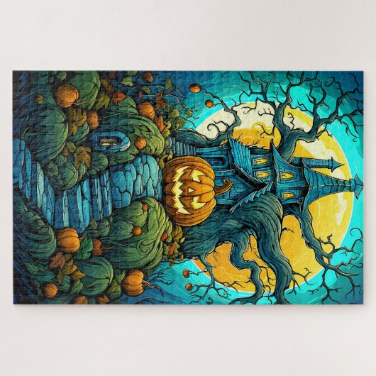 Gelukkig Halloween Moon-verlicht Haunted House Legpuzzel (Horizontaal)