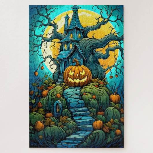Gelukkig Halloween Moon-verlicht Haunted House Legpuzzel (Verticaal)