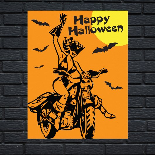 Gelukkig Halloween motorfiets vrouw kat kostuum Poster