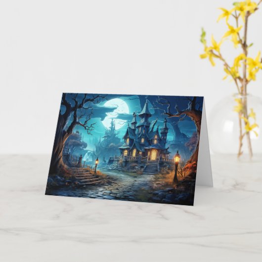 Gelukkig Halloween mysterieus spookhuis Kaart (Gele Bloem)