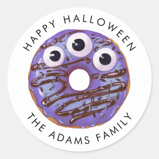 Gelukkig Halloween Paarse Drieogen Monster Donut Ronde Sticker (Voorkant)