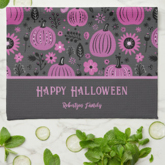 Gelukkig Halloween Paarse Pompoen Familie Naam Theedoek