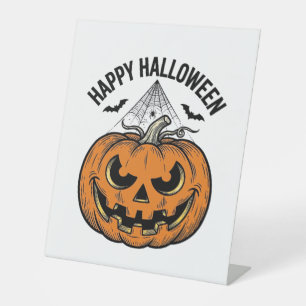 Gelukkig Halloween Pompoen Gezicht Vintage Vector  Reclamebord Met Voetstuk