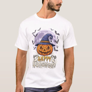 Gelukkig Halloween Pompoen Heksenhoed Vleermuizen T-shirt