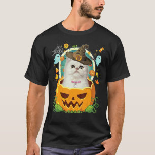 Gelukkig Halloween Pompoen Perzische Kat Heks Muts T-shirt