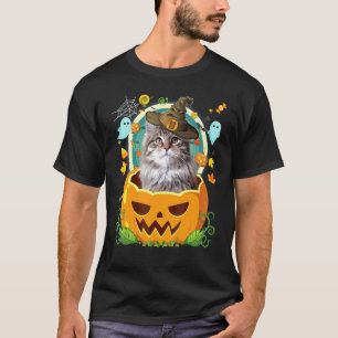 Gelukkig Halloween Pompoen Siberische Kat Heks Sch T-shirt