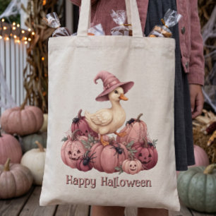 Gelukkig Halloween Roze Heks Eend & Roze Pompoenen Tote Bag