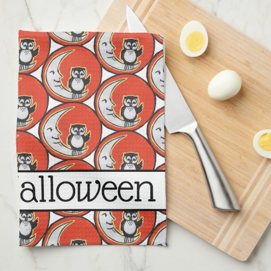 Gelukkig Halloween Sinaasappel Uil Moon  grillig Theedoek (Quarter Fold)