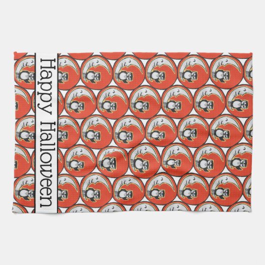 Gelukkig Halloween Sinaasappel Uil Moon  grillig Theedoek (Horizontaal)
