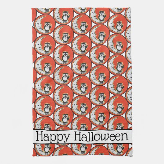 Gelukkig Halloween Sinaasappel Uil Moon  grillig Theedoek (Verticaal)