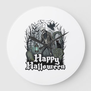 Gelukkig Halloween Skelet Lantaarn Zwarte Kat Begr Grote Klok