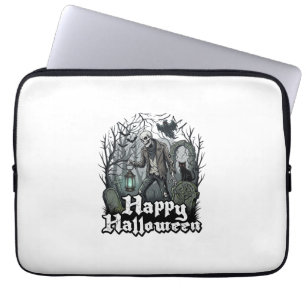 Gelukkig Halloween Skelet Lantaarn Zwarte Kat Begr Laptop Sleeve