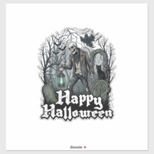 Gelukkig Halloween Skelet Lantaarn Zwarte Kat Begr Sticker