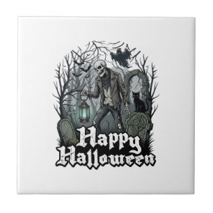 Gelukkig Halloween Skelet Lantaarn Zwarte Kat Begr Tegeltje