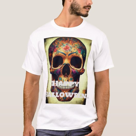 "Gelukkig Halloween skelet print T-shirt. T-shirt (Voorkant)
