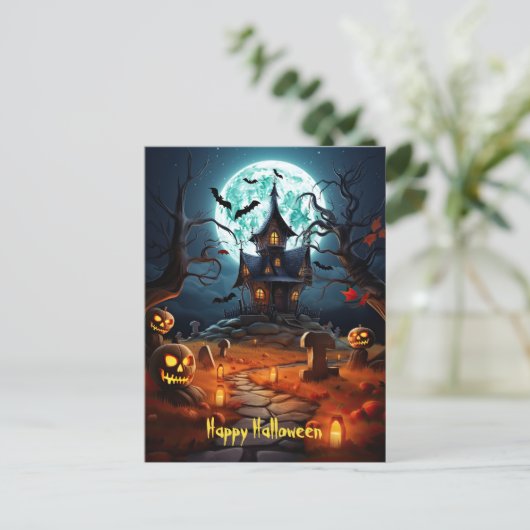 Gelukkig Halloween Skelet Skull Haunted House Briefkaart (Staand voorkant)