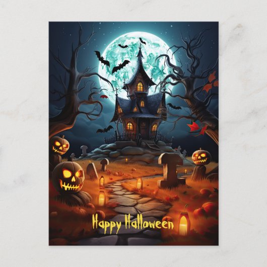 Gelukkig Halloween Skelet Skull Haunted House Briefkaart (Voorkant)