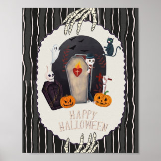 Gelukkig Halloween Skelet & Zwarte Kat Vintage Ont Poster
