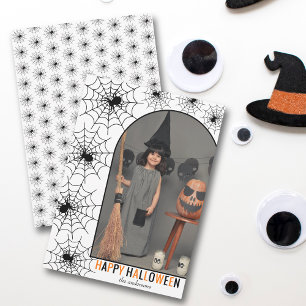 Gelukkig Halloween spinnenweb en foto Feestdagenkaart