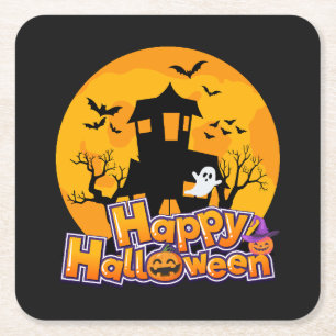 Gelukkig Halloween Spokenhuis Maan Kartonnen Onderzetters